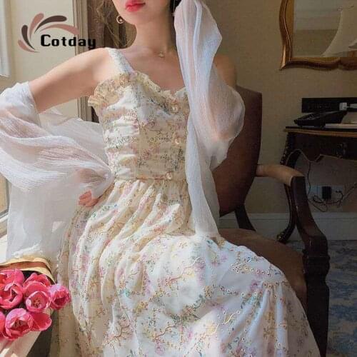 Cotday Floral Embroidery A-line Slash Neck Sleeveless Beading Spaghetti Strap Beading New Fashion Clothing Women Dress