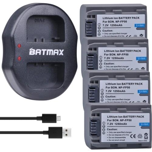 4Pcs 7.2V 1250mAh NP-FP50 NP FP50 Camera batteries + UDB Dual Charger for Sony NP-FP30 NP-FP50 NP-FP60 NP-FP70 NP-FP71 NP-FP90