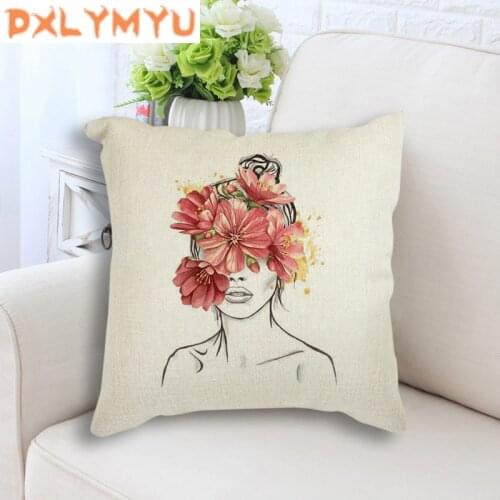 Abstract Girl Flower Plant Body Art Printed Cushion Cover Nordic Linen Cushion Pillow Case for Sofa Car Decoration
