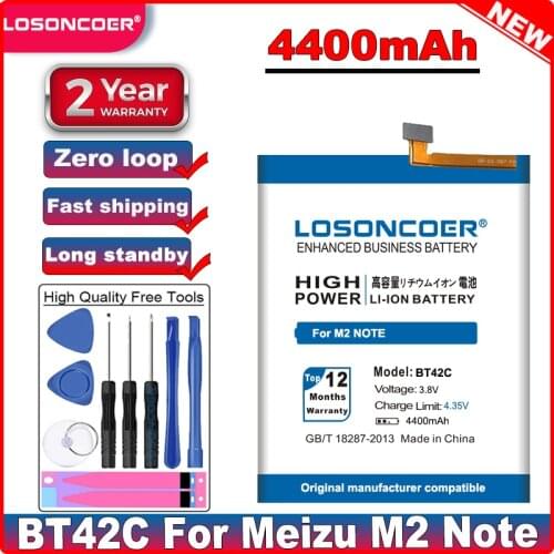 LOSONCOER 4400mAh BT42C BT 42C High Capacity Replacement New Phone Battery for Meizu M2 Note Moblie Phone Bateria