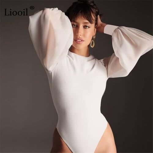 Liooil Black White Bodysuit Tops Mesh Sheer Body Suit For Women Romper 2021 Streetwear Long Sleeve See Through Bodycon Jumpsuits