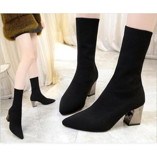 Fashion Women winter autumn new Sharp pointed black artificial leather womens boots back sudes shoes large size ankle boots