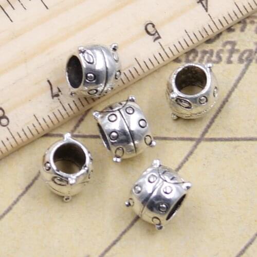 10pcs Beads Ladybug Bug Beatles 5mm Big Hole Charms European Pendant Fit For Bracelet DIY Antique Silver Color Fit Making
