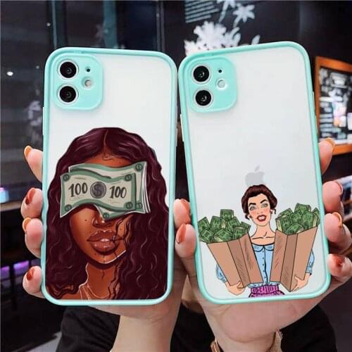Black head Girl Fundas Phone Case For iPhone 12 11 Mini Pro XR XS Max 7 8 Plus X Matte transparent blue Back Cover