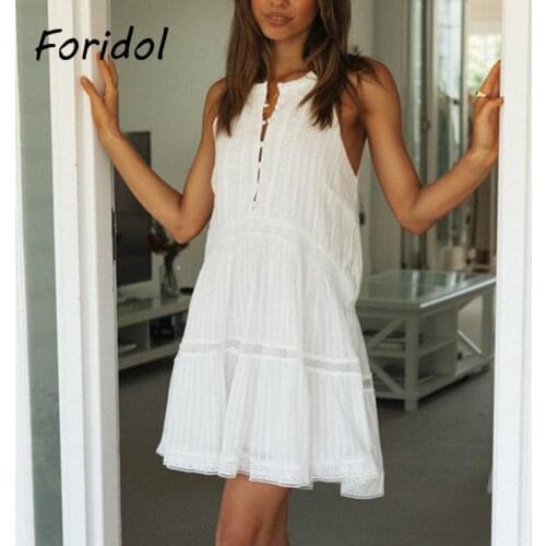 Foridol Casual Loose Beach Dress Women Elegant White Lace Summer Dress Sleeveless Mini Short Vestidos De Mujer 2021