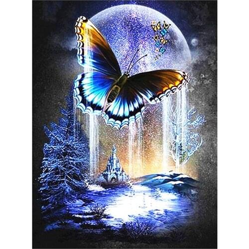 FQYL Round Diamond All Diamond Diamond Painting Set Living Room Dining Room Decoration Painting Butterfly in the Moonlight