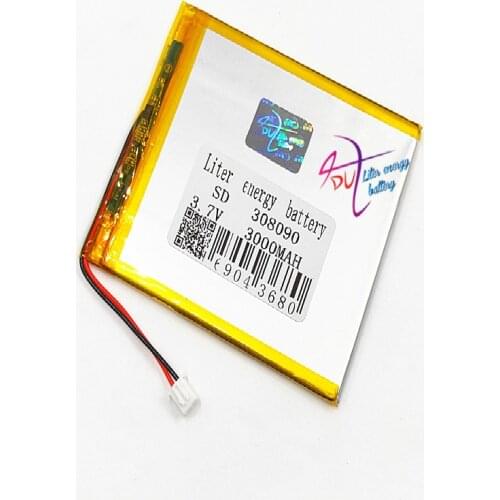 JST XH 2.54mm 308090 3.7V 3000MAH connector Lithium Polymer Li-Po Rechargeable Battery Cell For Mp3 DVD GPS Speaker