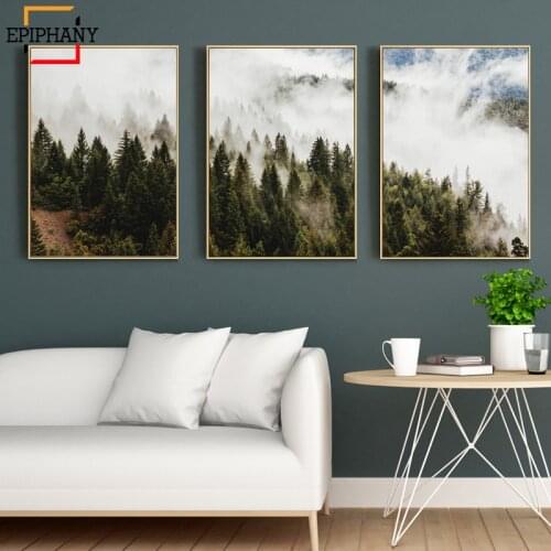 Forest Wall Art Print Fog Pine Tree Landscape Cloud Canvas Painting Modern Home Decor Scandinavian Wall Pictures for Living Room