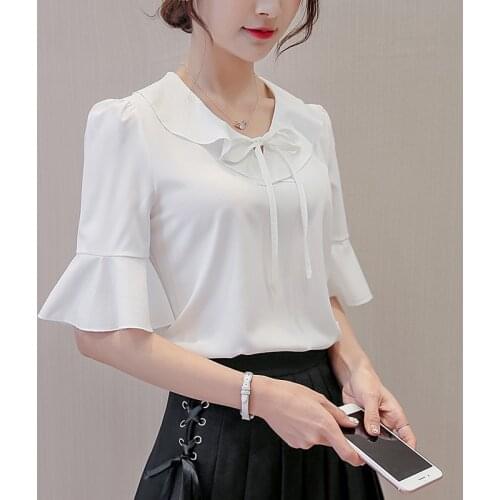 Fashion 2019 Summer Women Tops Blouses Chiffon Pullover Printed Shirt Short Flare Sleeve Plus Size 3XL White Pink Slim Blouse