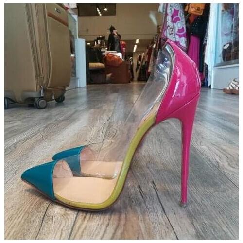Moraima Snc Mixed Colors Patent leather High Heel Shoe Transparent PVC Patchwork Stiletto heels Pointed Toe Pumps Dress Shoe
