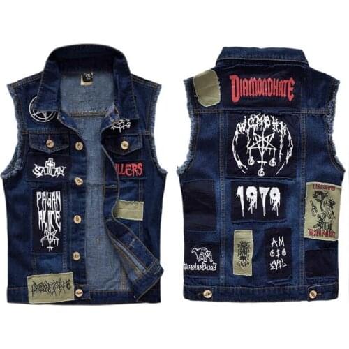 Mens Patches Design Jeans Vest Ripped Men Denim Vest Man Sleeveless Jeans Vest Frayed