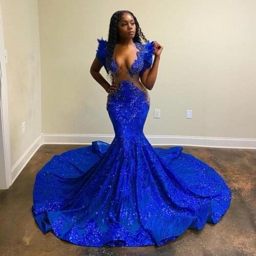 Sexy African See Through Prom Dresses Mermaid Sequins Lace Appliques Backless Evening Dress Plus Size Black Girl robe de soirée