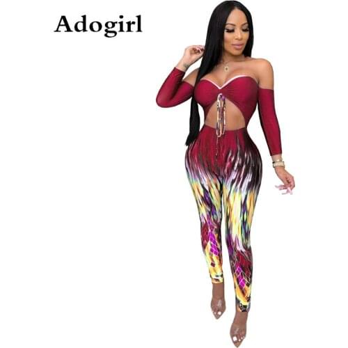 Adogirl Sexy Cut Out Bandage Jumpsuits Drawstring Strapless Wrapped Chest Long Sleeve with Fashion Print Pants Slim Romper