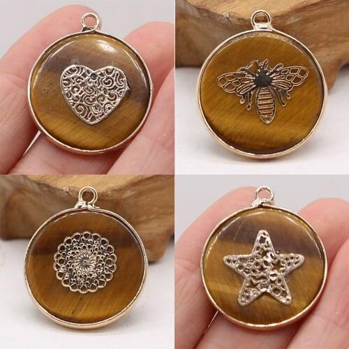 1pcs Natural Tiger Eye Stone Pendant Round Alloy Charms DIY for Making Jewelry Crafts Necklace Earrings Accessories Wholesale