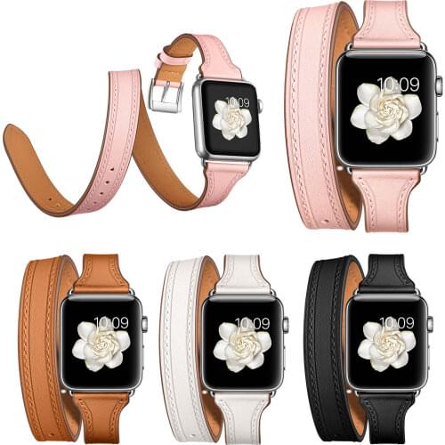 Double Tour Genuine Leather Strap for Apple Watch Band Series 5 4 3 2 1 44mm 40mm 42mm 38mm Extra Long Bracelet Watchbands