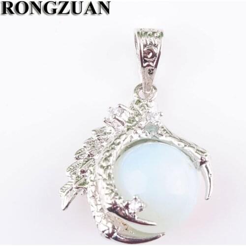 RONGZUAN Natural Opalite Stone Round Ball Bead Dragon Claw Crystal Reiki Pendant Necklace Silver Plated 18" Chain Jewelry TN3105