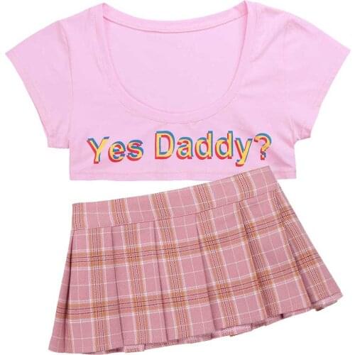 Womens Japanese Lingerie Parties Sexy School Girls Costumes Clubwear Yes Daddy? Letter Crop Tops with Mini Plaid Pleated Skirt