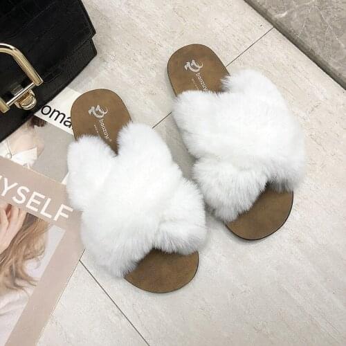 Ins Fashion Fur Cross Rabbit Women Flat Slippers Slip on Summer Breathable Ladies Slippers Slides Women Flip Flops