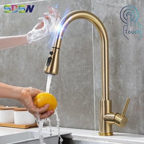 SDSN Touch Kitchen Faucets of Three Ways Pull Down Prayer Brushed Gold Kitchen Mixer Tap Hot Cold Sensor Touch Kitchen Faucet