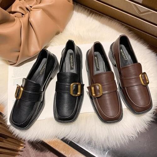 Spring 2021 new fashion square toe metal buckle mid-heel shoes womens leather shoes