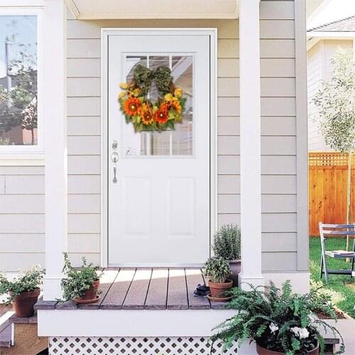 27RE Autumn Fall Harvest Wreath with Sunflowers Pumpkins Maple Leaves Bowknot Simulation Garland for thanksgiving Farmhouse Door