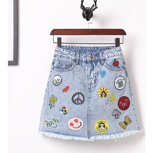 Blue Demin Mini Skirt For Women Bottom Ripped Tassels Washed Embroidered Cartoon Appliques Loose A Line Jean Skirts Big Size