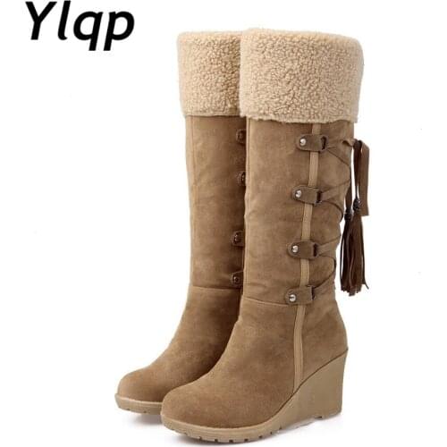 Plus Size 35-43 Mid Calf Boots Round Toe Wedge Shoes for Women Boots High Quality PU Leather Thick Warm Plush Winter Snow Boots