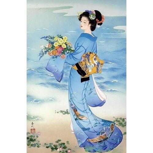 Japanese kimono lady figure -blue Needlework 14CT Canvas Unprinted Handmade Embroidery Cross Stitch Kits DIY Wall Home Decor