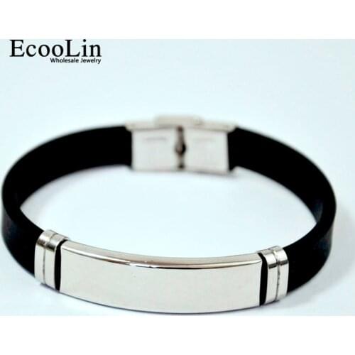 15Pcs New Fashion Wristband black Punk Rubber Silicone Stainless Steel Men Bracelets Bangles pulseras hombre caucho LR4091