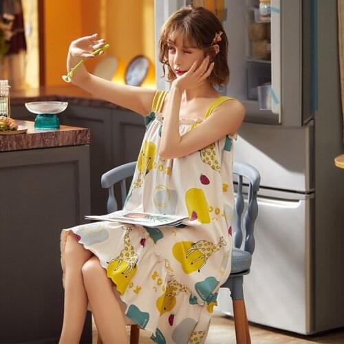 2020 Summer 100% Cotton Sexy Lingerie Spaghetti Strap Nightgowns Women Korean Print Sleepwear Nightdress Night Dress Home Nighty