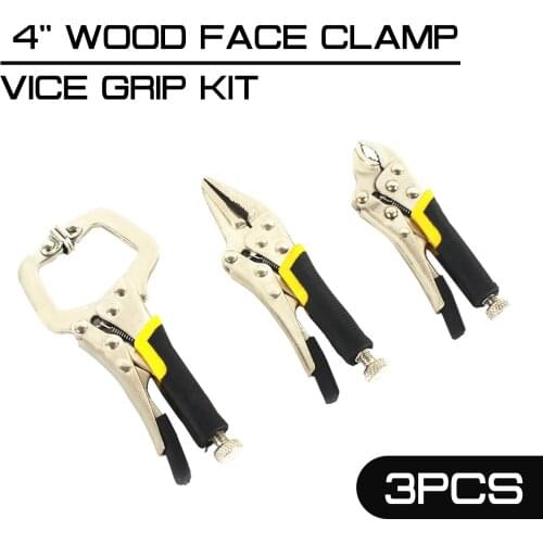 3pcs/set Plier 4'' Wood Face Clamp Vice Grip Kit Complete Locking C Type Clip Clamp Straight Needle Pliers Locking Self Grip