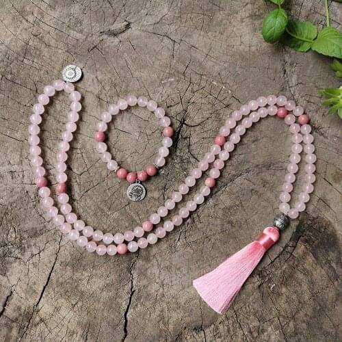 8mm Rhodonite, Rose Quartz,Pink,Sunflower,Yoga Meditation Japa Mala Necklace,Jewelry Sets,108 Prayer Beads,Charms Necklace Women