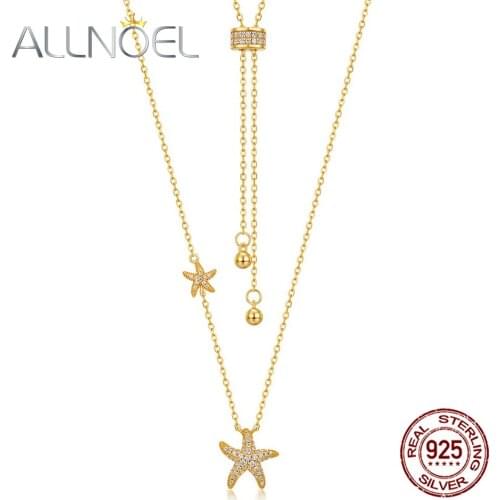 ALLNOEL 925 Sterling Silver Necklace For Women 5A White Zircon Gold Plated Personalized Starfish Design Engagement Fine Jewelry