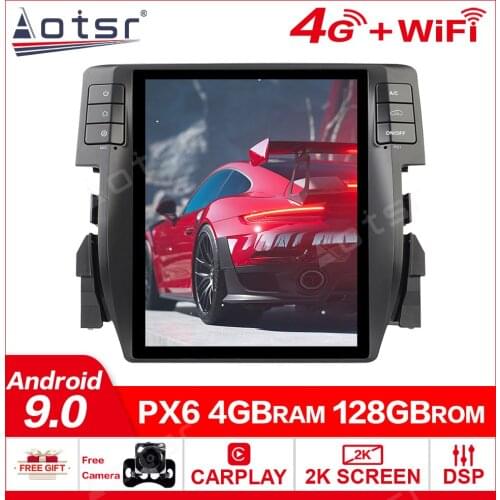 4+128GB Tesla Screen For Honda Civic 2016 2017 2018 Android 9.0 Unit Car Multimedia Player GPS Audio Radio Stereo GPS Navigation