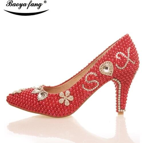 BaoYaFang Red pearl crystal handmade womens wedding shoes 8cm high heels pointed toe female Pumps real leather insole Party shoe