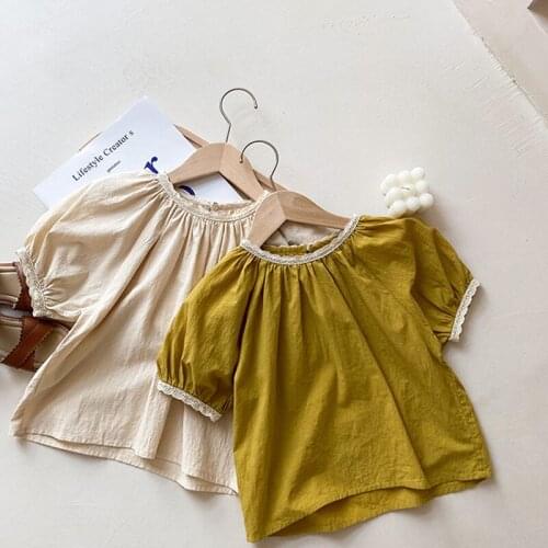 2021 Summer New Korean Style Baby Girls Pure Color Blouses Lace Puff Sleeve Tops Loose Casual Toddlers Kids Shirts
