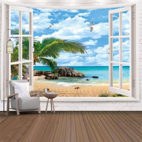 Cheap Beach Outside The Door Tapestry Hippie Wall Hanging Large Printed Landscape Ocean Art Wall Cloth Carpet Ceiling Room Decor