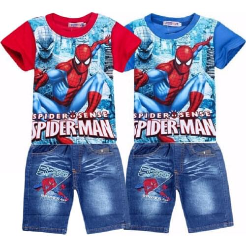 Children Boys Summer Spid-man Kids Clothing Sets Baby Kids T Shirt Jeans Shorts Toddler Boys Denim Pants Sports Clothes Set