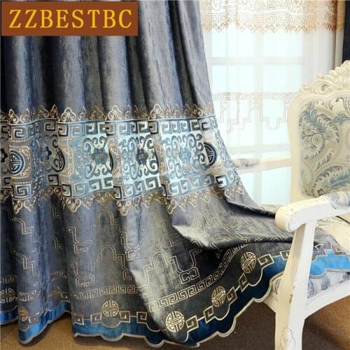 European high quality villa dark blue velvet embroidered flat curtains for living room with luxurious tulle for bedroom kitchen