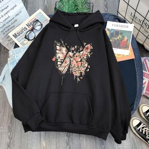 Butterflies Full Of Flowers Printed Female Hooded Comfortable Winter Hooded Street Quality Streetwearfleece Autumn Womens Hoody