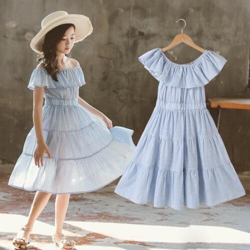 Shoulderless Cotton Girls Ruffles Dress Children Summer Clothes 2021 Kids Teen Stripe Midi Dress Baby Clothing Beach,#6516