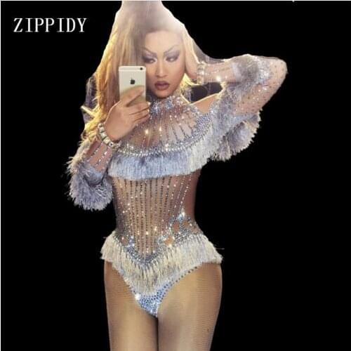 Fashion Sparkly Crystals Tassel Celebrate Rhinestones Birthday Silver stage wear Diamonds Leotard Sexy Nightclub