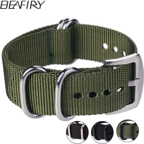 BEAFIRY Nylon NATO Watch Band Zulu Straps Silver Black Buckles 20mm 22mm 24mm