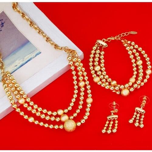 New African Beaded Earrings Necklace Bracelet Sets Gold Color Ball Ethiopian Women Jewelry Wedding