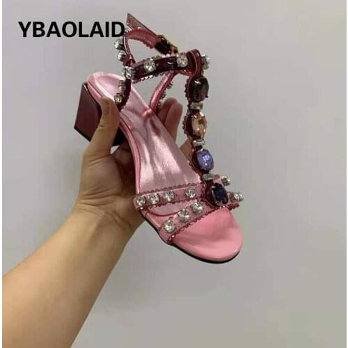 New Round-toe T-shaped Buckle High-heeled Sandals Luxury Rhinestone and Gemstone Thin Strap Square-heeled Womens Sandals