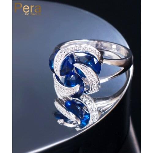 Pera Unique Design Royal Silver Color 3 Round Blue Crystal Stone Pave Setting Big Engagement Rings Women Jewelry For Party R008