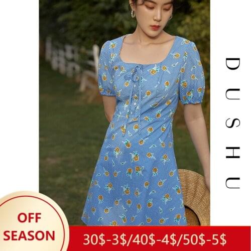 DUSHU Office Lady Womens French Retro Square Neck Dress Summer 2021 New Fresh Floral Blue Literary Style Long Dress