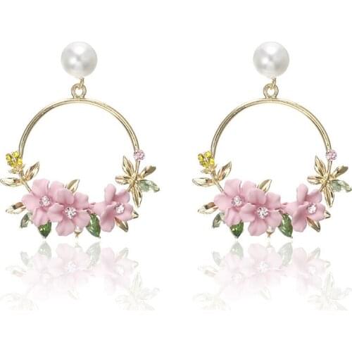 Korean Sweet Alloy Pearl Water Drop Statement Earrings Pink Flower Round Circle Ear Drop Earrings Women Pendientes Jewelry VL