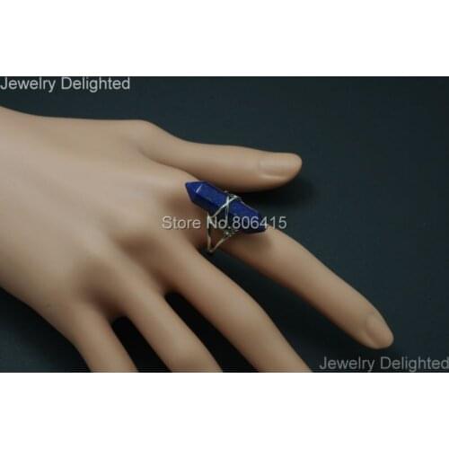 Natural Lapis Lazuli Adjustable Rings Gems Stones Hexagonal Point Reiki Chakra Beads Jewelry Unisex Silver Plated 5Pcs/Pack