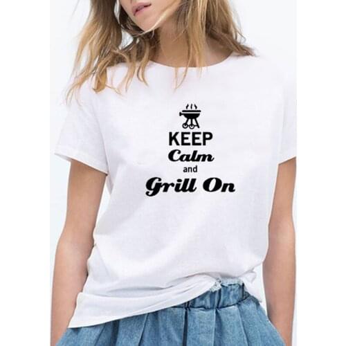 Keep Calm And Grill On Printed 100% cotton T-shirt short sleeve crewneck top tees tshirts for women Ladies girls plus size